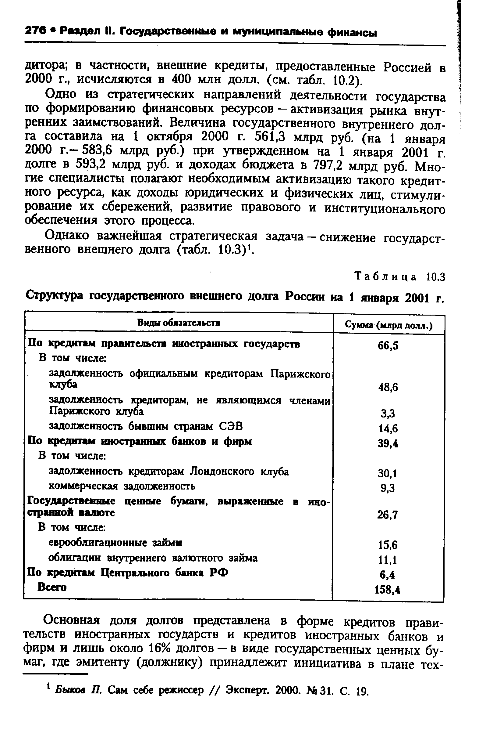Таблица 10.3 Структура <a href="/info/69425">государственного внешнего долга</a> России на 1 января 2001 г.
