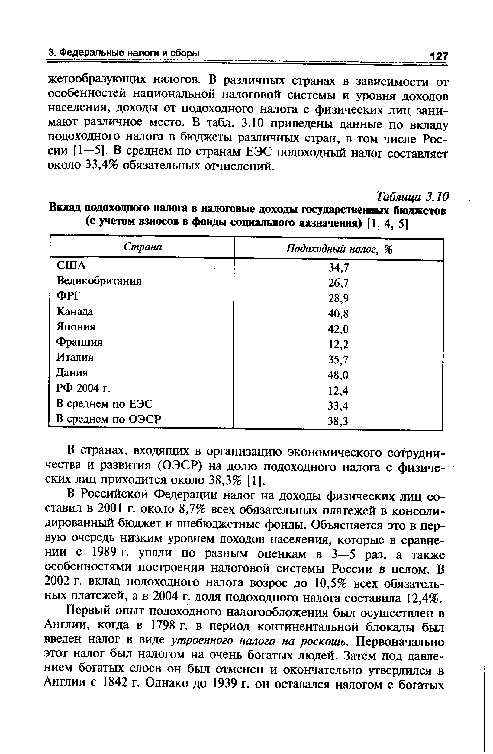 В Российской Федерации налог на доходы физических лиц составил в 2001 г. около 8,7% всех обязательных платежей в консолидированный бюджет и внебюджетные фонды. Объясняется это в первую очередь низким уровнем доходов населения, которые в сравнении с 1989 г. упали по разным оценкам в 3—5 раз, а также особенностями построения налоговой системы России в целом. В 2002 г. вклад подоходного налога возрос до 10,5% всех обязательных платежей, а в 2004 г. доля подоходного налога составила 12,4%.
