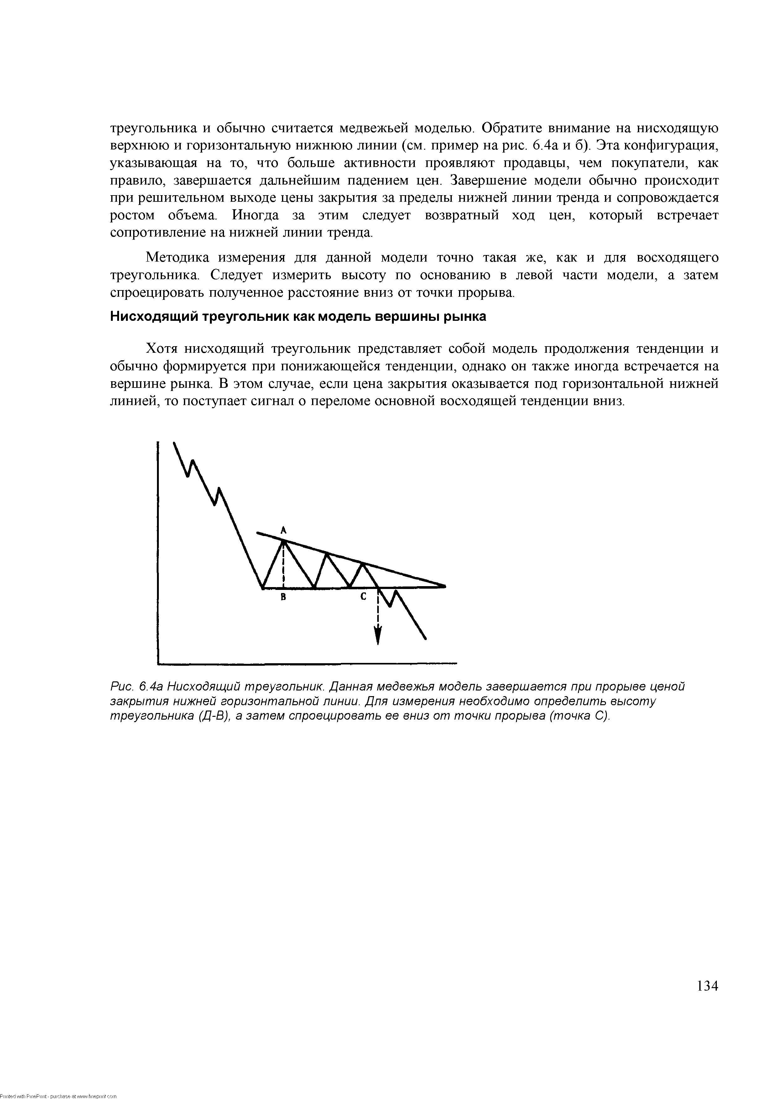 Рис. 6.4а <a href="/info/14270">Нисходящий треугольник</a>. Данная медвежья модель завершается при прорыве <a href="/info/51460">ценой закрытия</a> нижней горизонтальной линии. Для измерения необходимо определить высоту треугольника (Д-В), а затем спроецировать ее вниз от точки прорыва (точка С).
