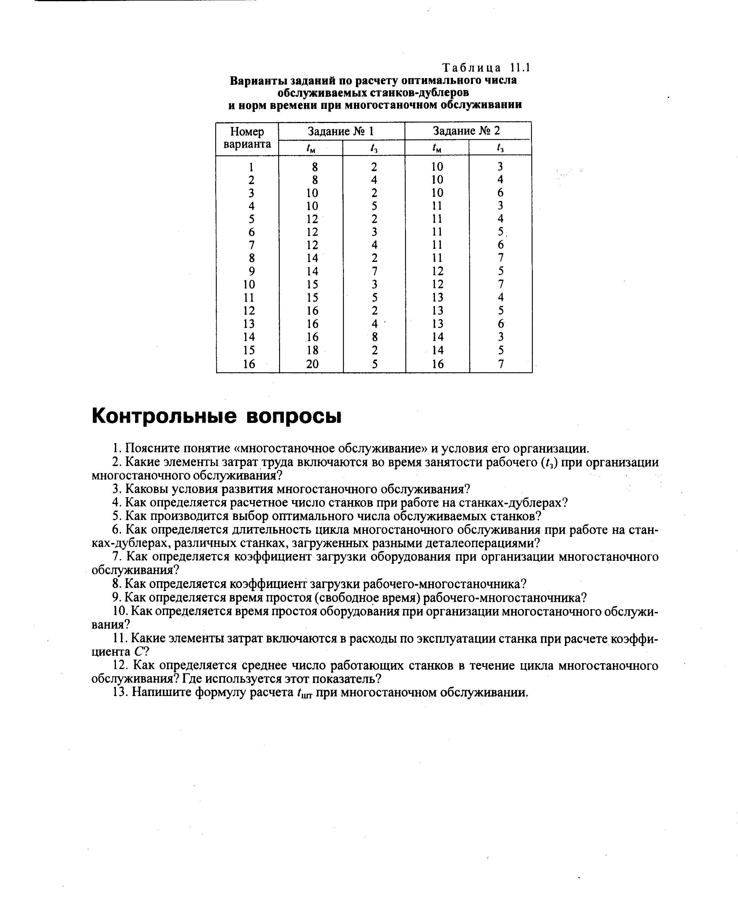 Таблица 11.1 Варианты заданий по расчету оптимального числа
