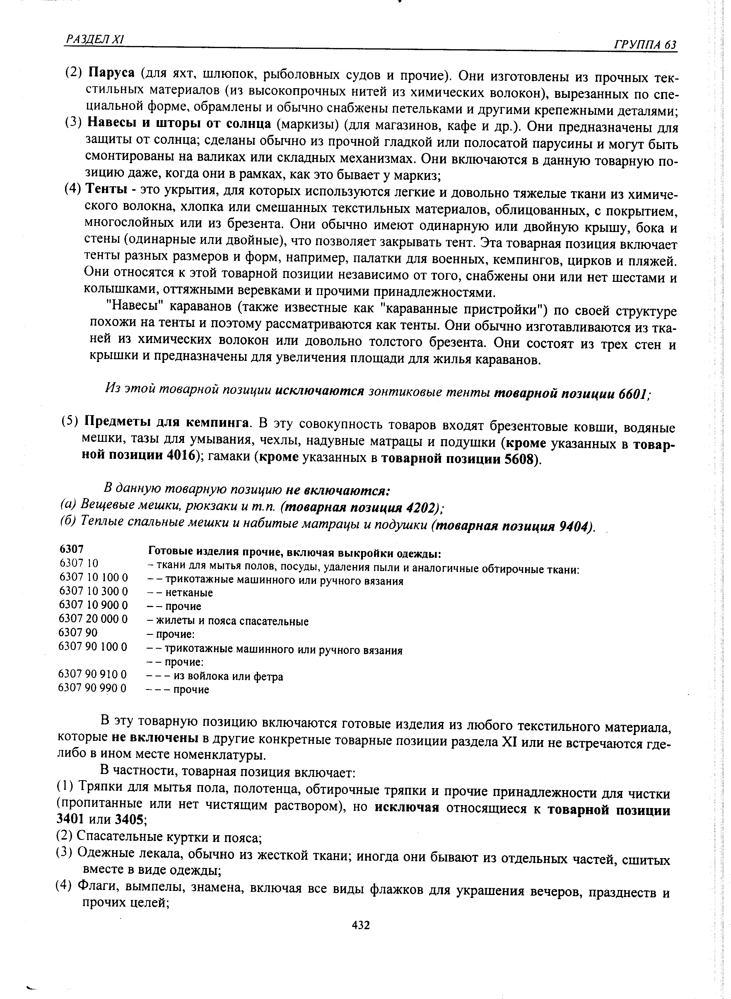 В эту товарную позицию включаются готовые изделия из любого текстильного материала, которые не включены в другие конкретные товарные позиции раздела XI или не встречаются где-либо в ином месте номенклатуры.
