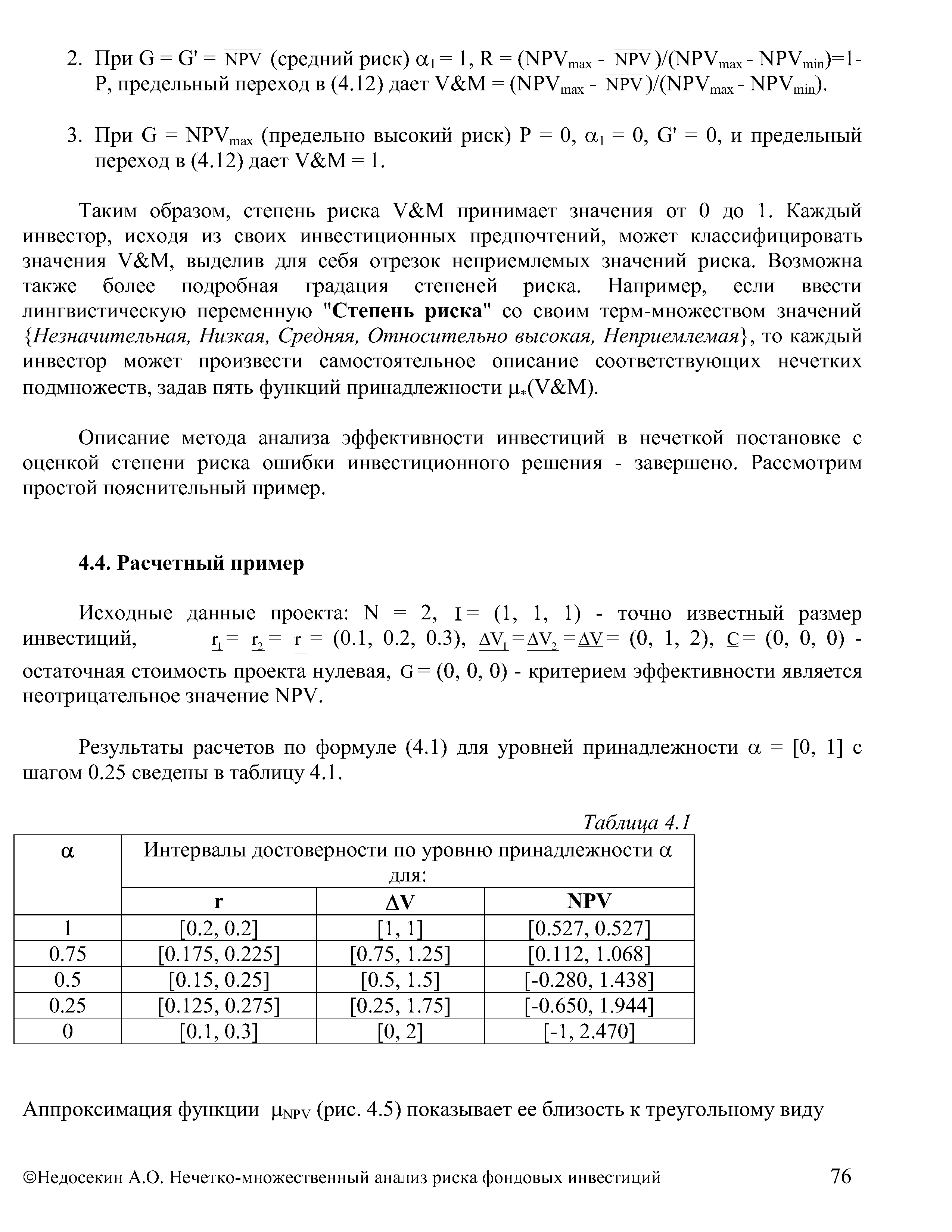Результаты расчетов по формуле (4.1) для уровней принадлежности a = [О, 1] с шагом 0.25 сведены в таблицу 4.1.
