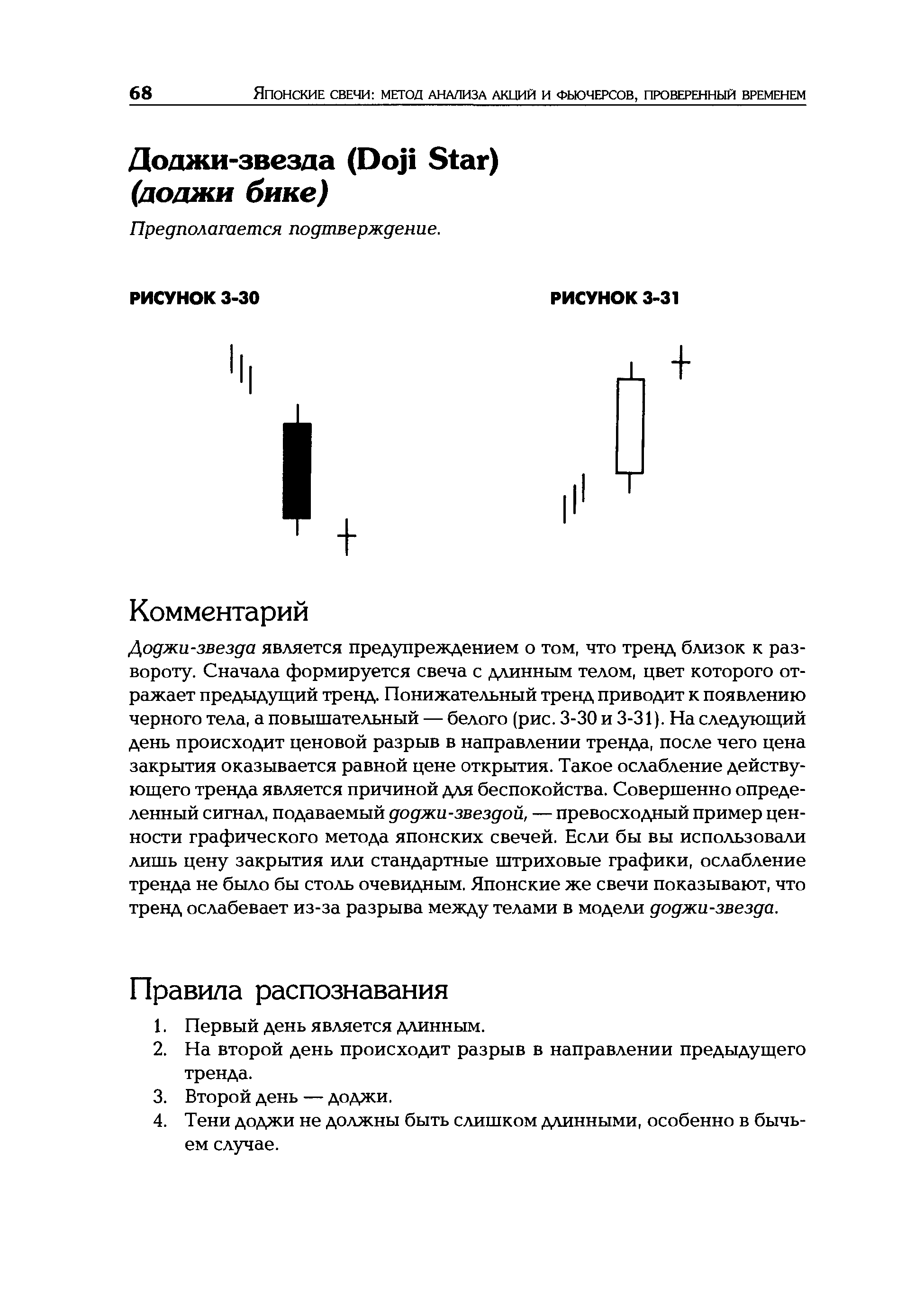 Доджи-звезда является предупреждением о том, что тренд близок к развороту. Сначала формируется свеча с длинным телом, цвет которого отражает предыдущий тренд. Понижательный тренд приводит к появлению черного тела, а повышательный — белого (рис. 3-30 и 3-31). На следующий день происходит ценовой разрыв в направлении тренда, после чего цена закрытия оказывается равной цене открытия. Такое ослабление действующего тренда является причиной для беспокойства. Совершенно определенный сигнал, подаваемый доджи-звездой, — превосходный пример ценности графического метода японских свечей. Если бы вы использовали лишь цену закрытия или стандартные штриховые графики, ослабление тренда не было бы столь очевидным. Японские же свечи показывают, что тренд ослабевает из-за разрыва между телами в модели доджи-звезда.
