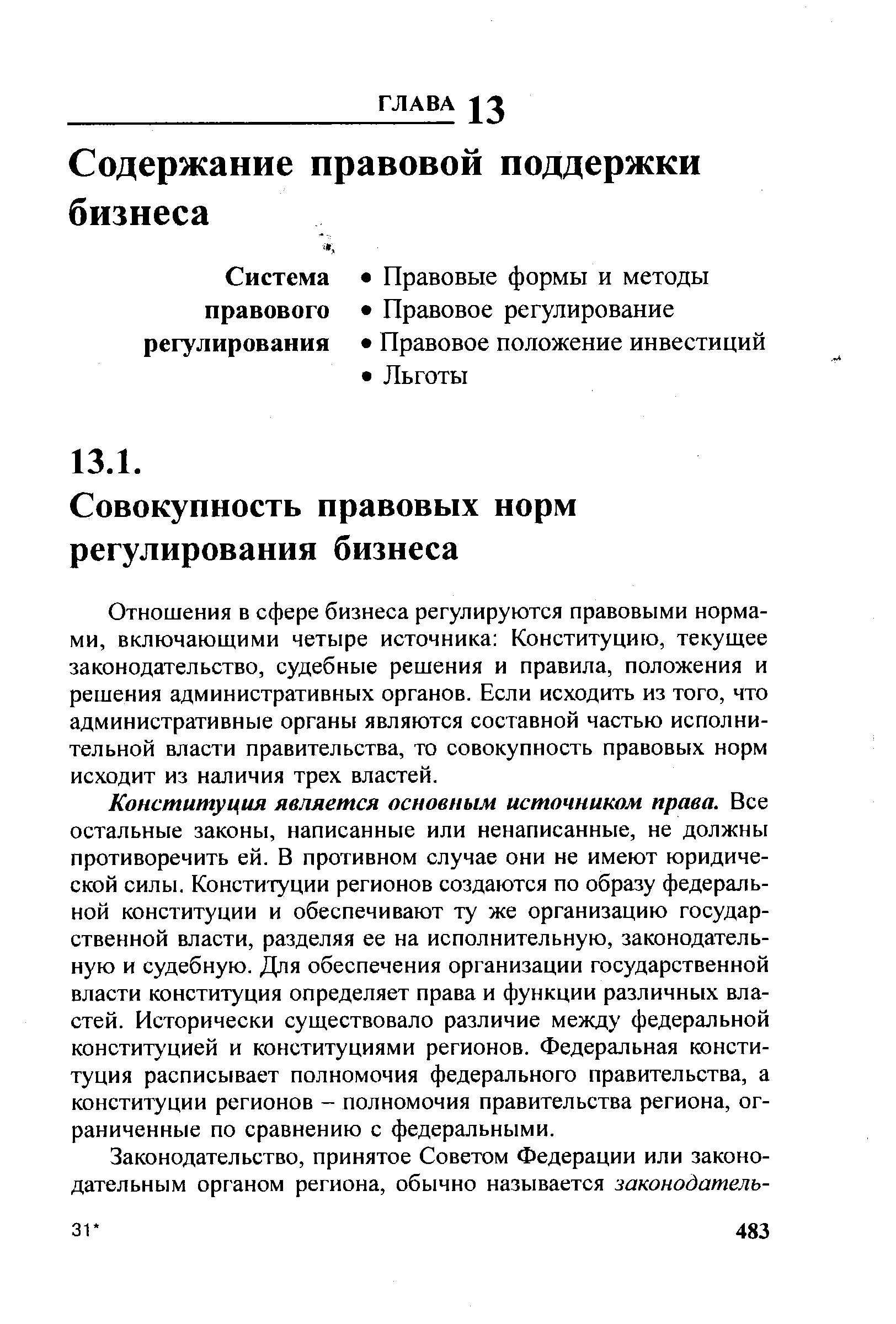 Отношения в сфере бизнеса регулируются правовыми нормами, включающими четыре источника Конституцию, текущее законодательство, судебные решения и правила, положения и решения административных органов. Если исходить из того, что административные органы являются составной частью исполнительной власти правительства, то совокупность правовых норм исходит из наличия трех властей.
