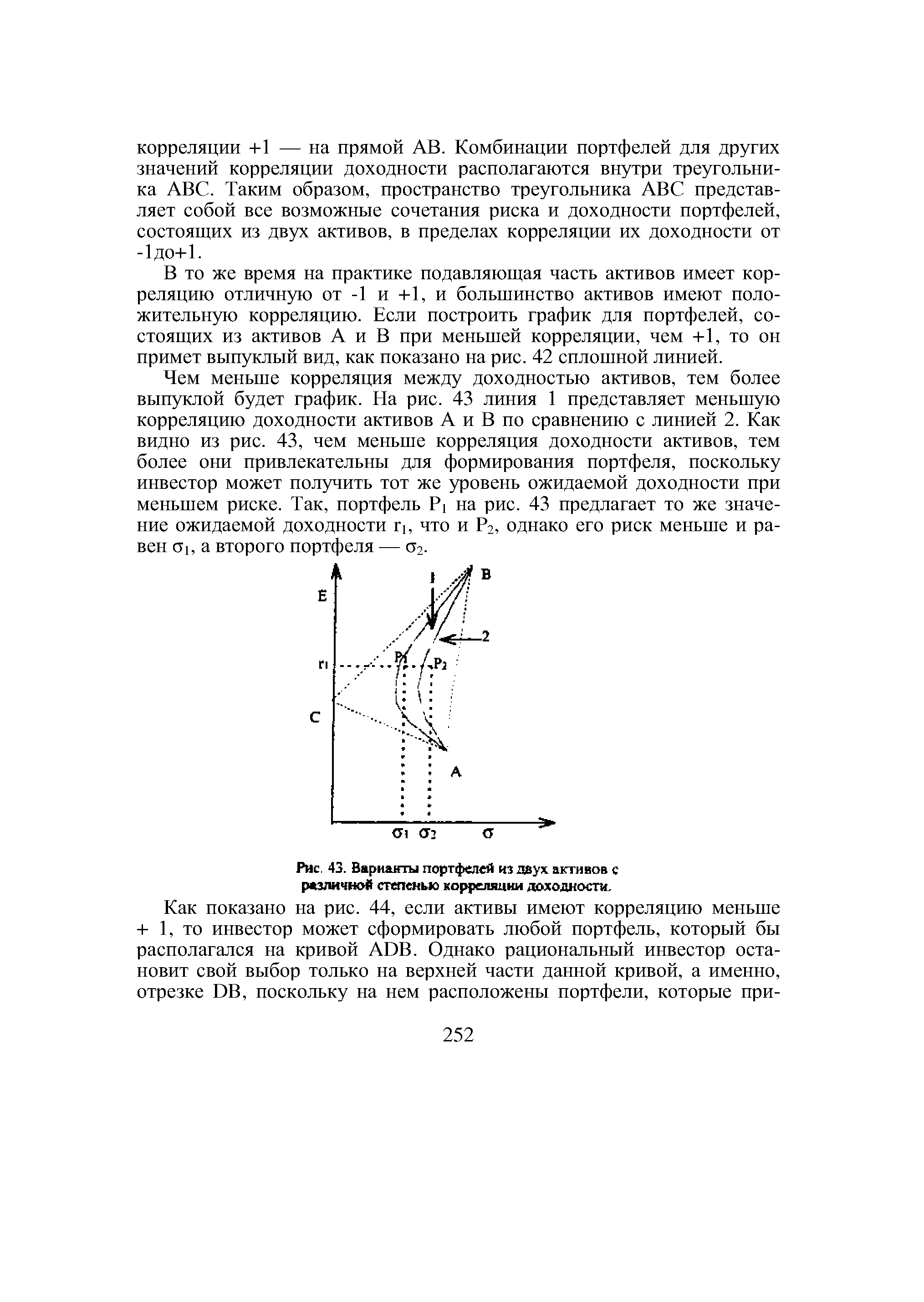 В то же время на практике подавляющая часть активов имеет корреляцию отличную от -1 и +1, и большинство активов имеют положительную корреляцию. Если построить график для портфелей, состоящих из активов А и В при меньшей корреляции, чем +1, то он примет выпуклый вид, как показано на рис. 42 сплошной линией.
