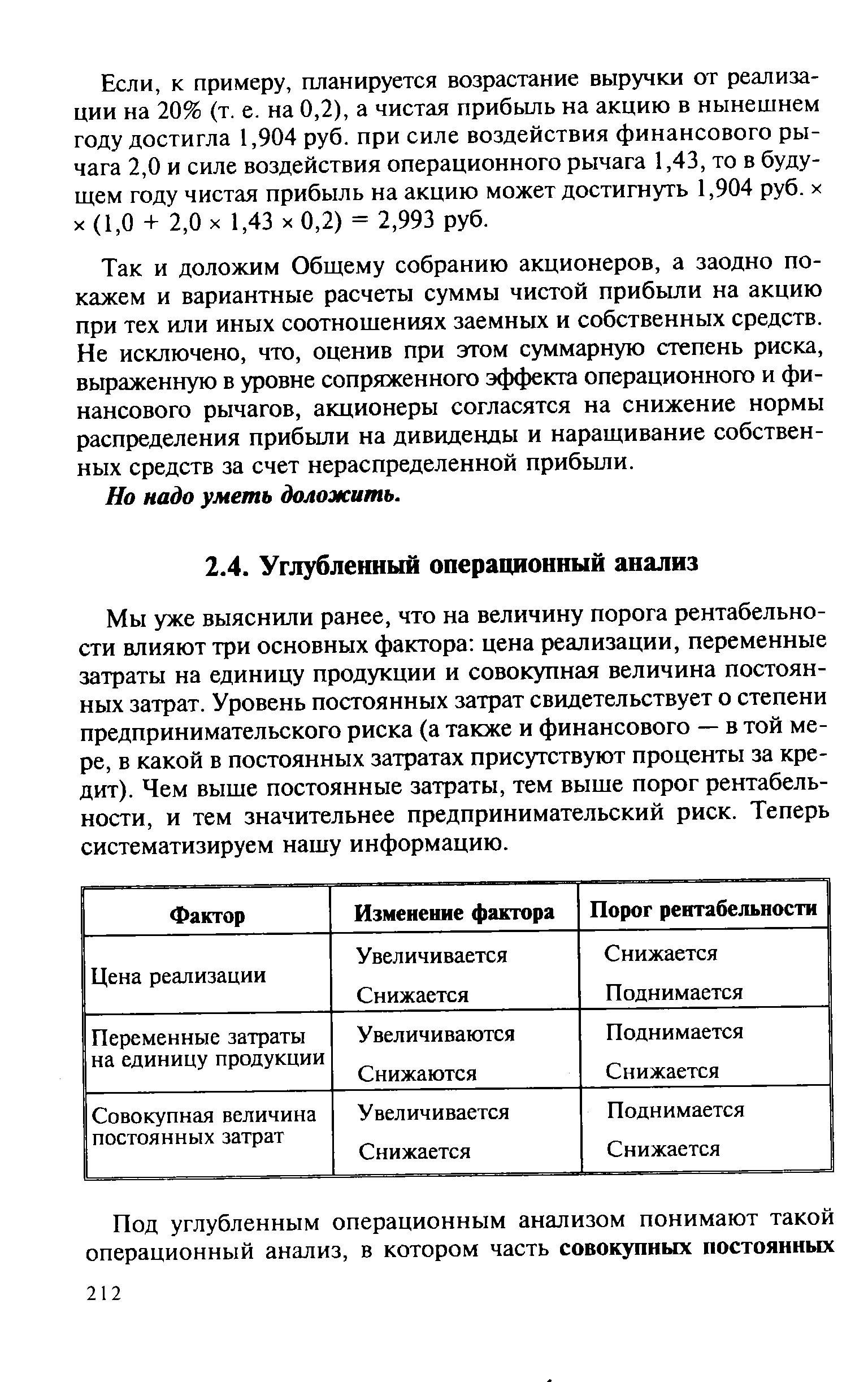 Мы уже выяснили ранее, что на величину порога рентабельности влияют три основных фактора цена реализации, переменные затраты на единицу продукции и совокупная величина постоянных затрат. Уровень постоянных затрат свидетельствует о степени предпринимательского риска (а также и финансового — в той мере, в какой в постоянных затратах присутствуют проценты за кредит). Чем выше постоянные затраты, тем выше порог рентабельности, и тем значительнее предпринимательский риск. Теперь систематизируем нашу информацию.
