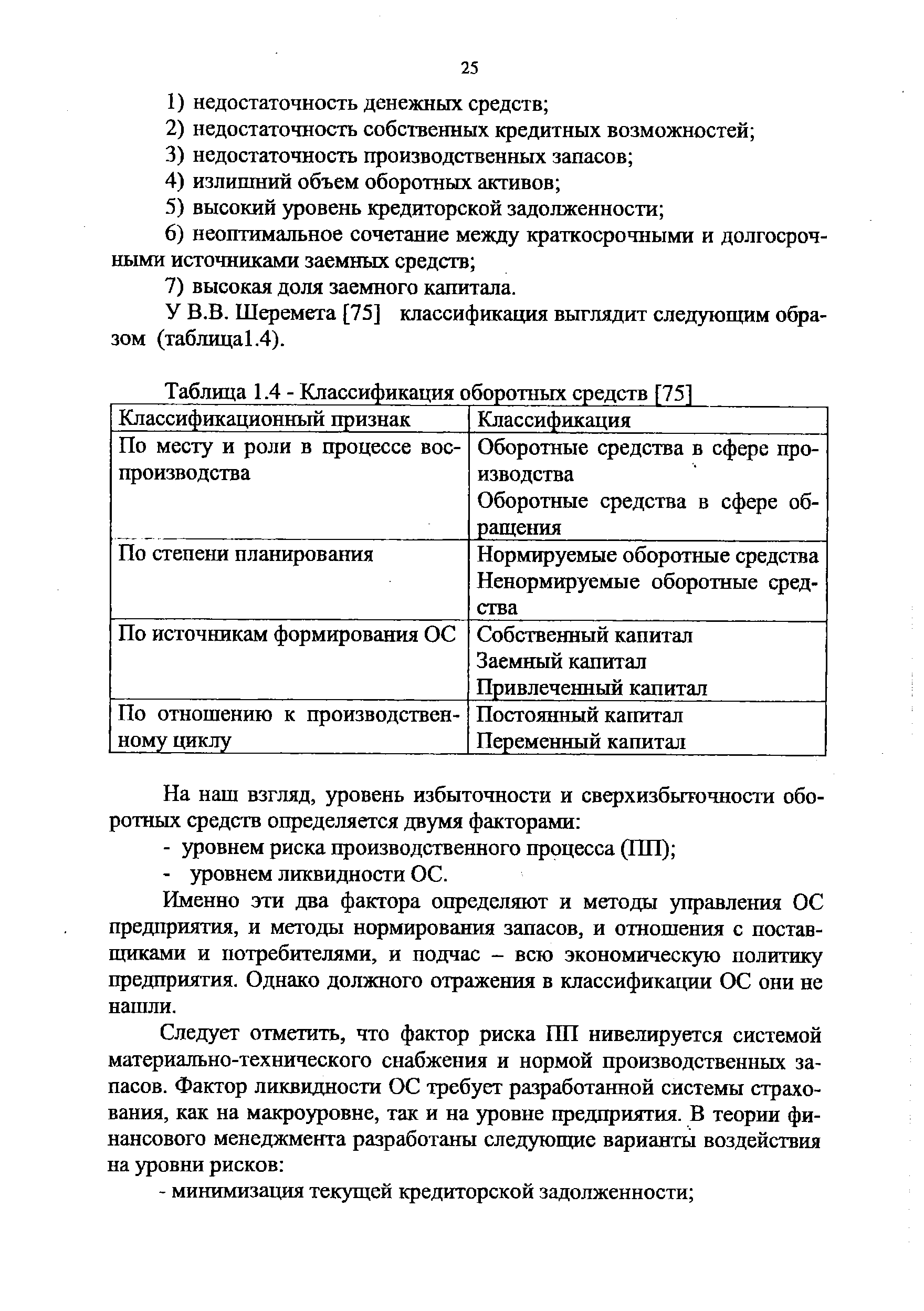 Таблица 1.4 - Классификация оборотных средств [75]
