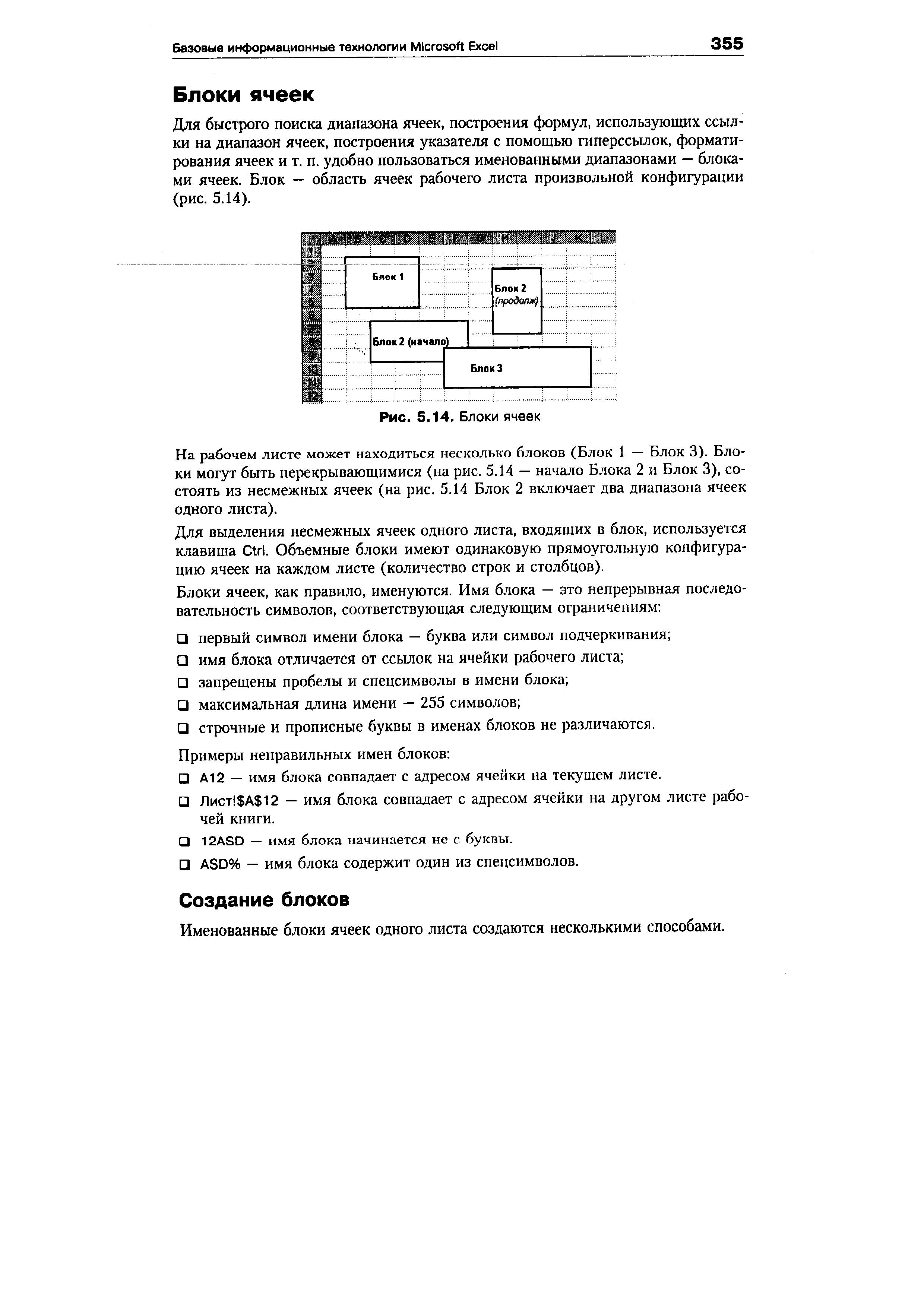 Для быстрого поиска диапазона ячеек, построения формул, использующих ссылки на диапазон ячеек, построения указателя с помощью гиперссылок, форматирования ячеек и т. п. удобно пользоваться именованными диапазонами — блоками ячеек. Блок — область ячеек рабочего листа произвольной конфигурации (рис. 5.14).
