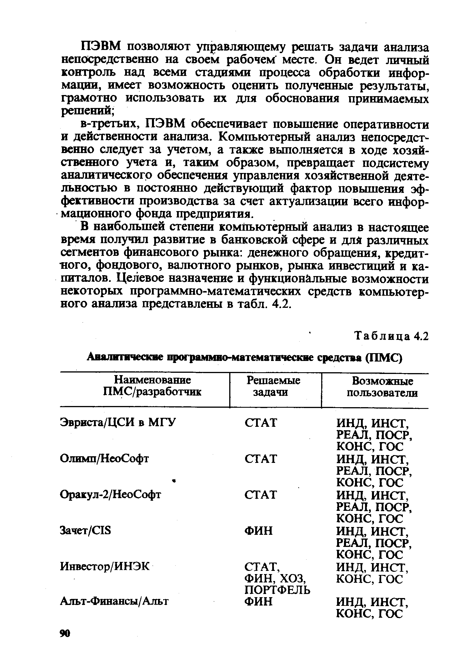 Таблица 4.2 Аналитические <a href="/info/54472">программно-математические</a> средства (ПМС)