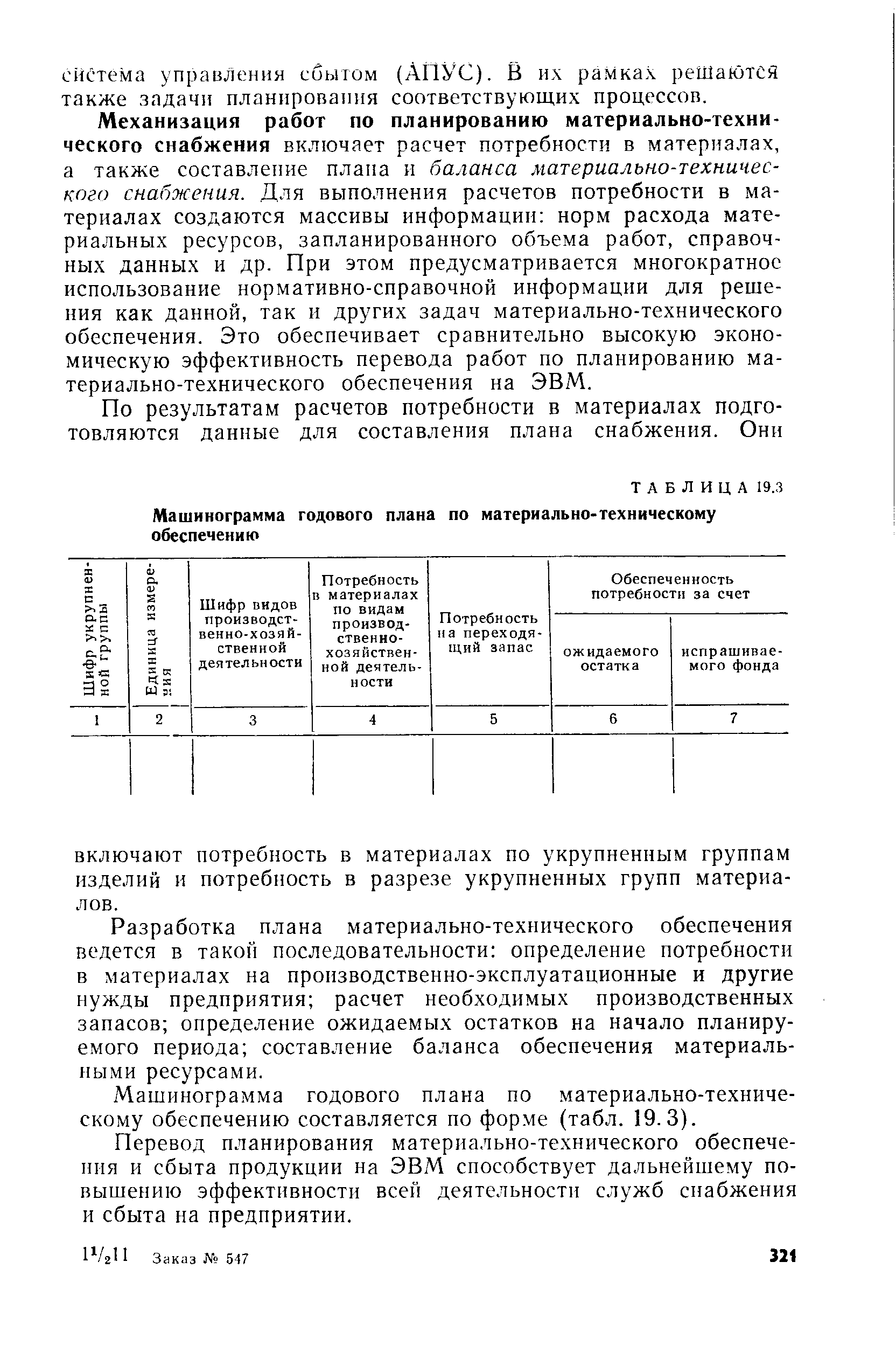 Механизация работ по планированию материально-технического снабжения включает расчет потребности в материалах, а также составление плана и баланса материально-технического снабжения. Для выполнения расчетов потребности в материалах создаются массивы информации норм расхода материальных ресурсов, запланированного объема работ, справочных данных и др. При этом предусматривается многократное использование нормативно-справочной информации для решения как данной, так и других задач материально-технического обеспечения. Это обеспечивает сравнительно высокую экономическую эффективность перевода работ по планированию материально-технического обеспечения на ЭВМ.
