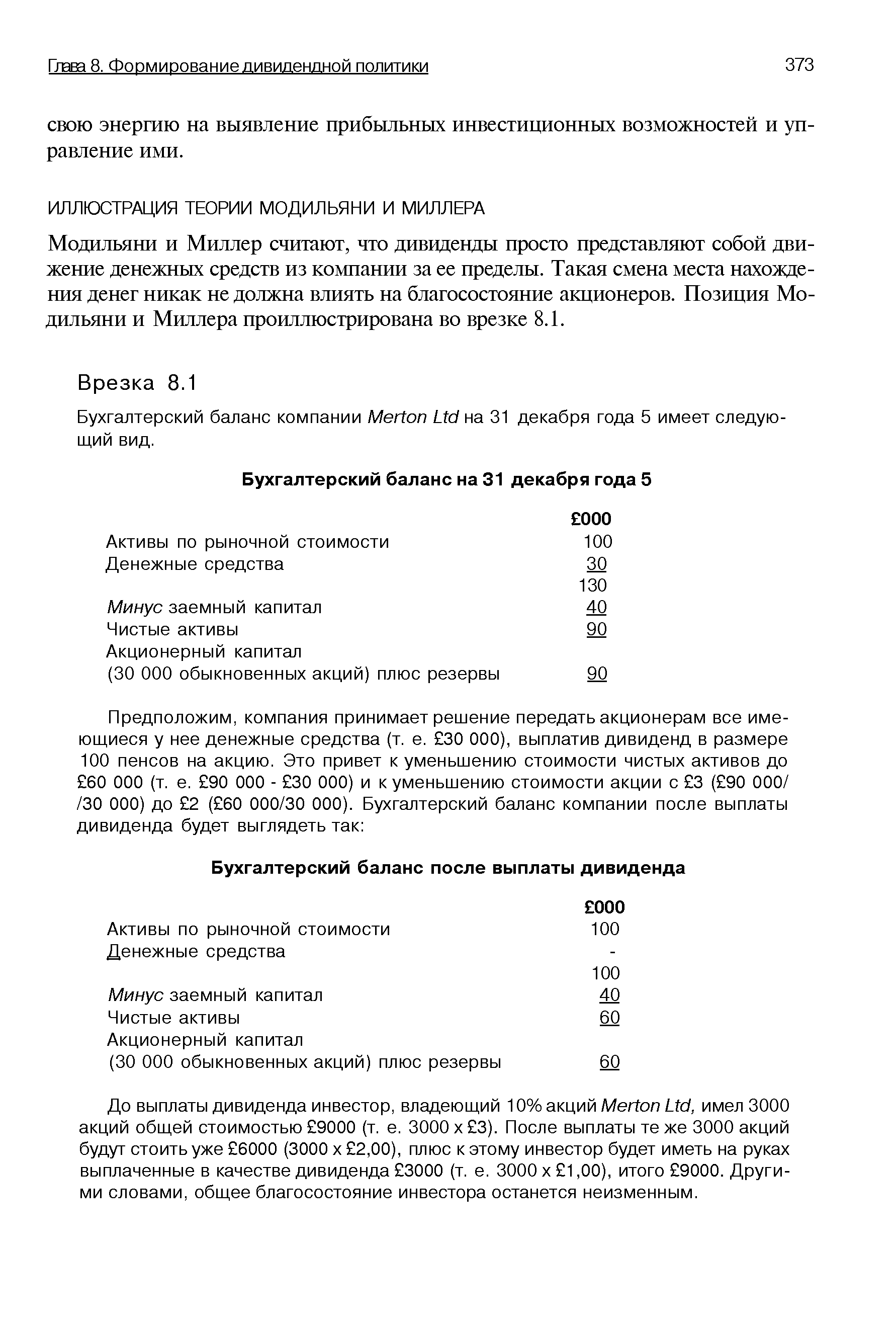 Модильяни и Миллер считают, что дивиденды просто представляют собой движение денежных средств из компании за ее пределы. Такая смена места нахождения денег никак не должна влиять на благосостояние акционеров. Позиция Модильяни и Миллера проиллюстрирована во врезке 8.1.
