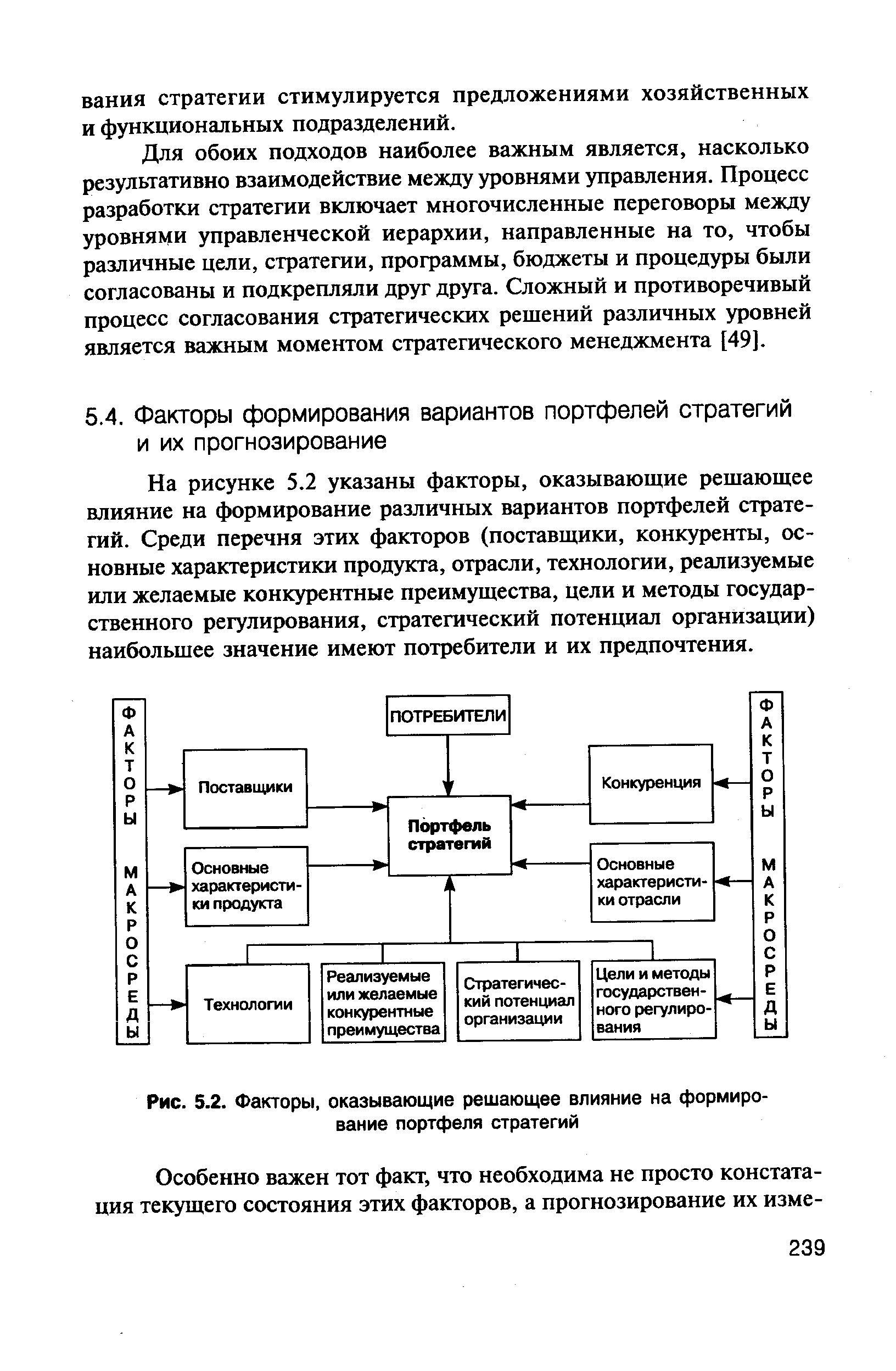 На рисунке 5.2 указаны факторы, оказывающие решающее влияние на формирование различных вариантов портфелей стратегий. Среди перечня этих факторов (поставщики, конкуренты, основные характеристики продукта, отрасли, технологии, реализуемые или желаемые конкурентные преимущества, цели и методы государственного регулирования, стратегический потенциал организации) наибольшее значение имеют потребители и их предпочтения.
