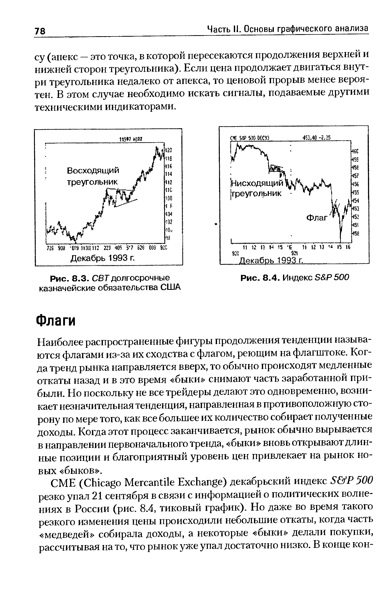 Наиболее распространенные фигуры продолжения тенденции называются флагами из-за их сходства с флагом, реющим на флагштоке. Когда тренд рынка направляется вверх, то обычно происходят медленные откаты назад и в это время быки снимают часть заработанной прибыли. Но поскольку не все трейдеры делают это одновременно, возникает незначительная тенденция, направленная в противоположную сторону по мере того, как все большее их количество собирает полученные доходы. Когда этот процесс заканчивается, рынок обычно вырывается в направлении первоначального тренда, быки вновь открывают длинные позиции и благоприятный уровень цен привлекает на рынок новых быков .
