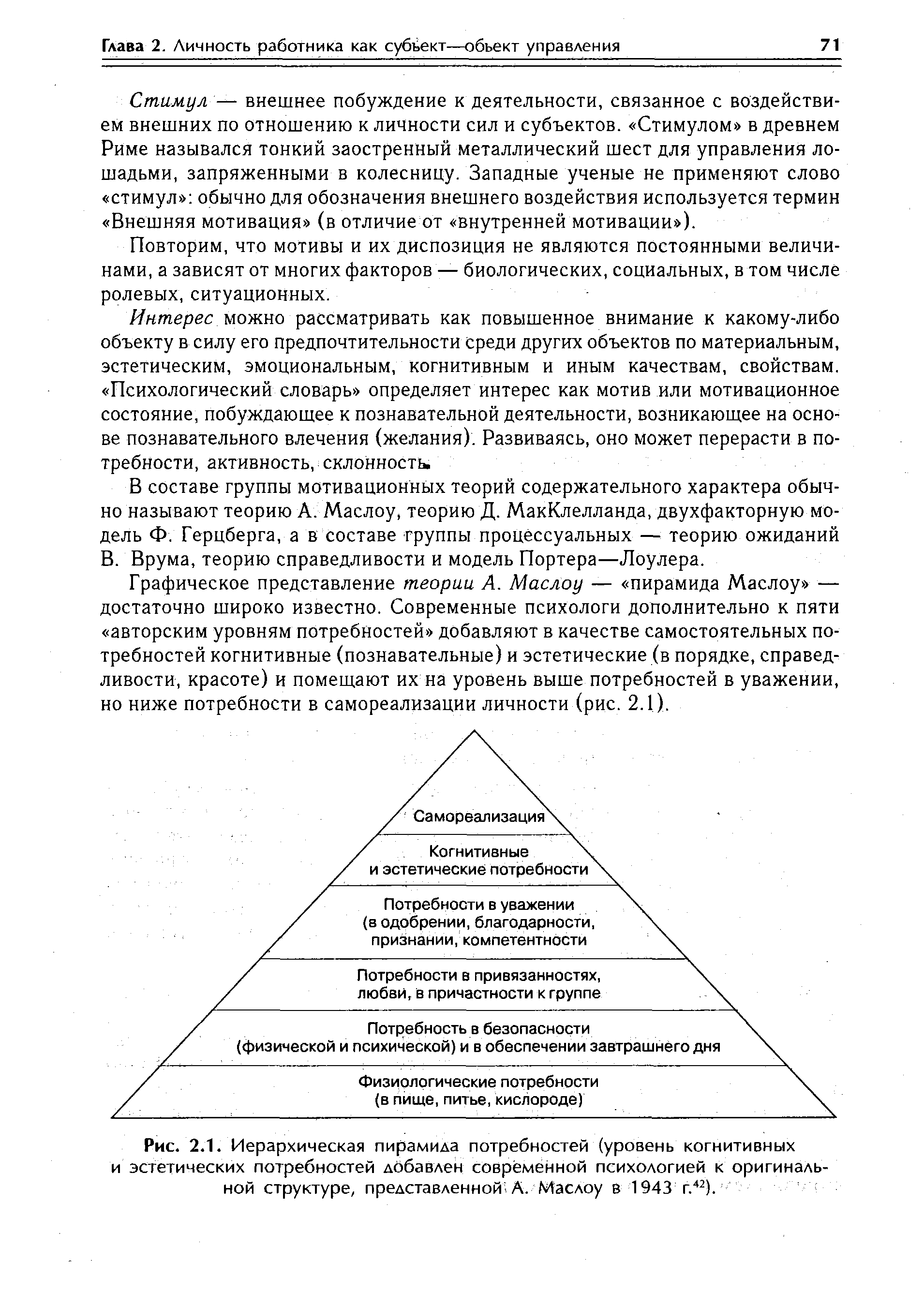 Рис. 2.1. Иерархическая пирамида потребностей (уровень когнитивных и эстетических потребностей добавлен современной психологией к оригинальной структуре, представленной-А. Маслоу в 1943 г.42).
