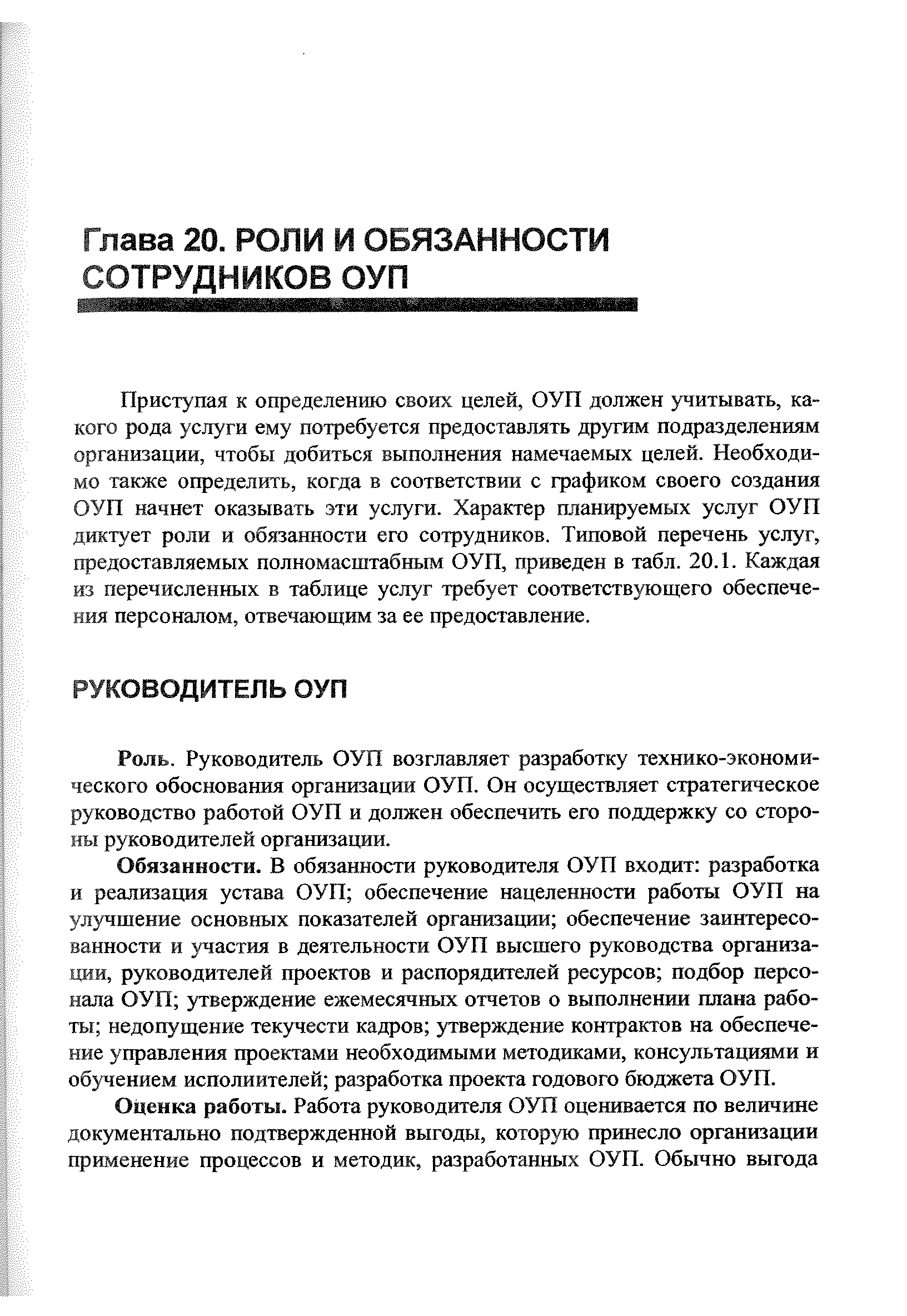 Руководитель ОУП возглавляет разработку технико-экономического обоснования организации ОУП. Он осуществляет стратегическое руководство работой ОУП и должен обеспечить его поддержку со стороны руководителей организации.
