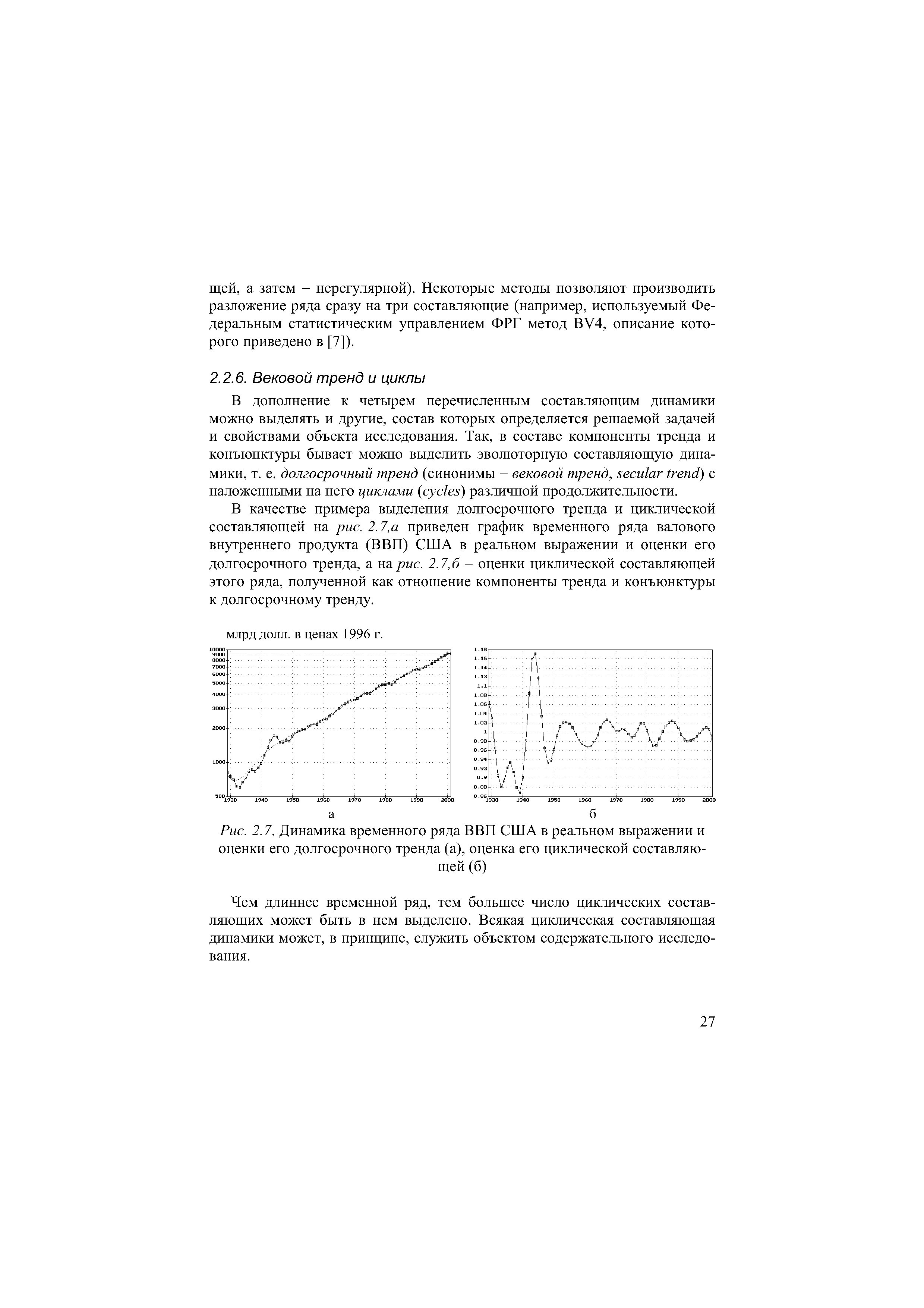 В качестве примера выделения долгосрочного тренда и циклической составляющей на рис. 2.7,а приведен график временного ряда валового внутреннего продукта (ВВП) США в реальном выражении и оценки его долгосрочного тренда, а на рис. 2.7,6 - оценки циклической составляющей этого ряда, полученной как отношение компоненты тренда и конъюнктуры к долгосрочному тренду.
