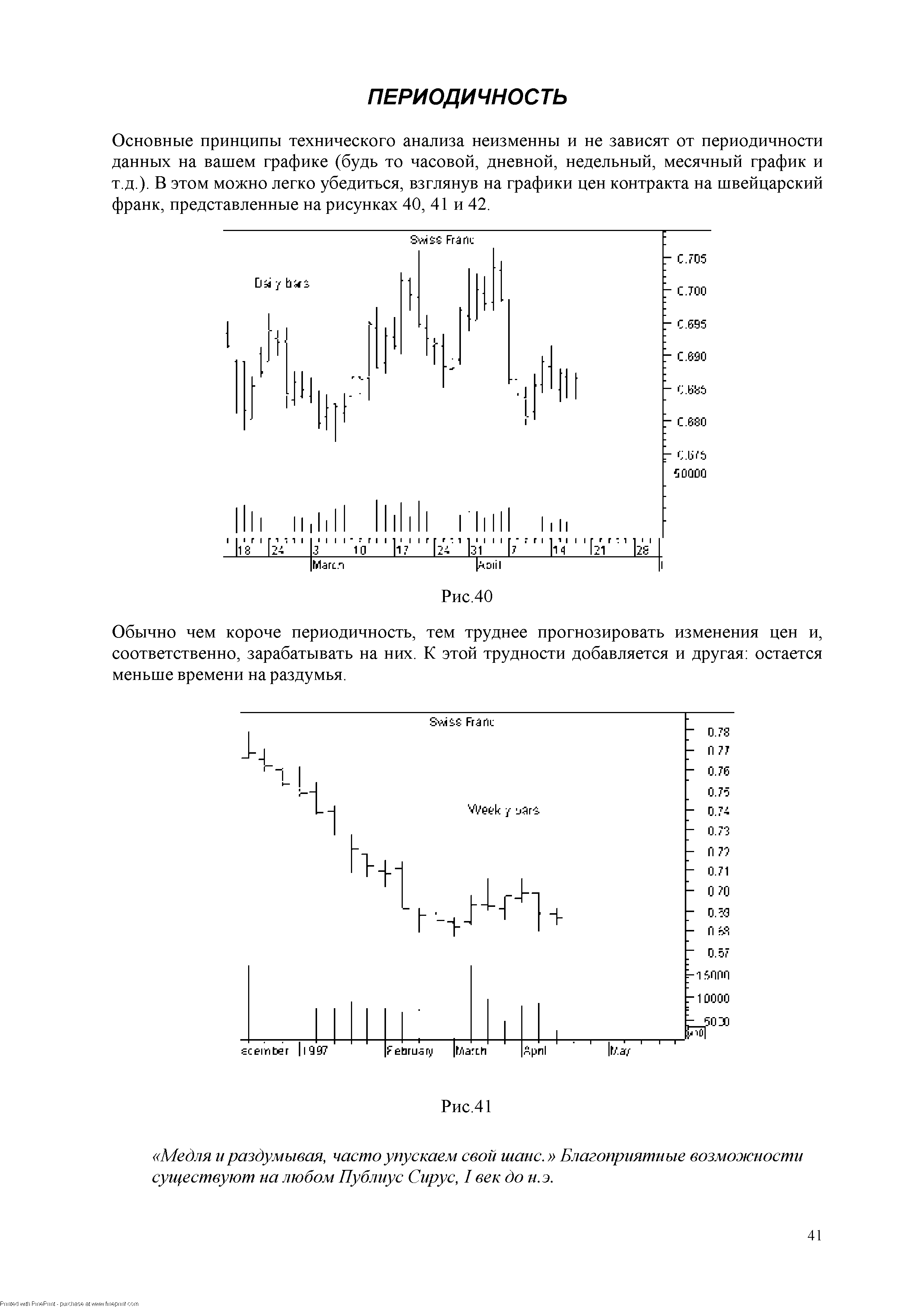 Основные принципы технического анализа неизменны и не зависят от периодичности данных на вашем графике (будь то часовой, дневной, недельный, месячный график и т.д.). В этом можно легко убедиться, взглянув на графики цен контракта на швейцарский франк, представленные на рисунках 40, 41 и 42.
