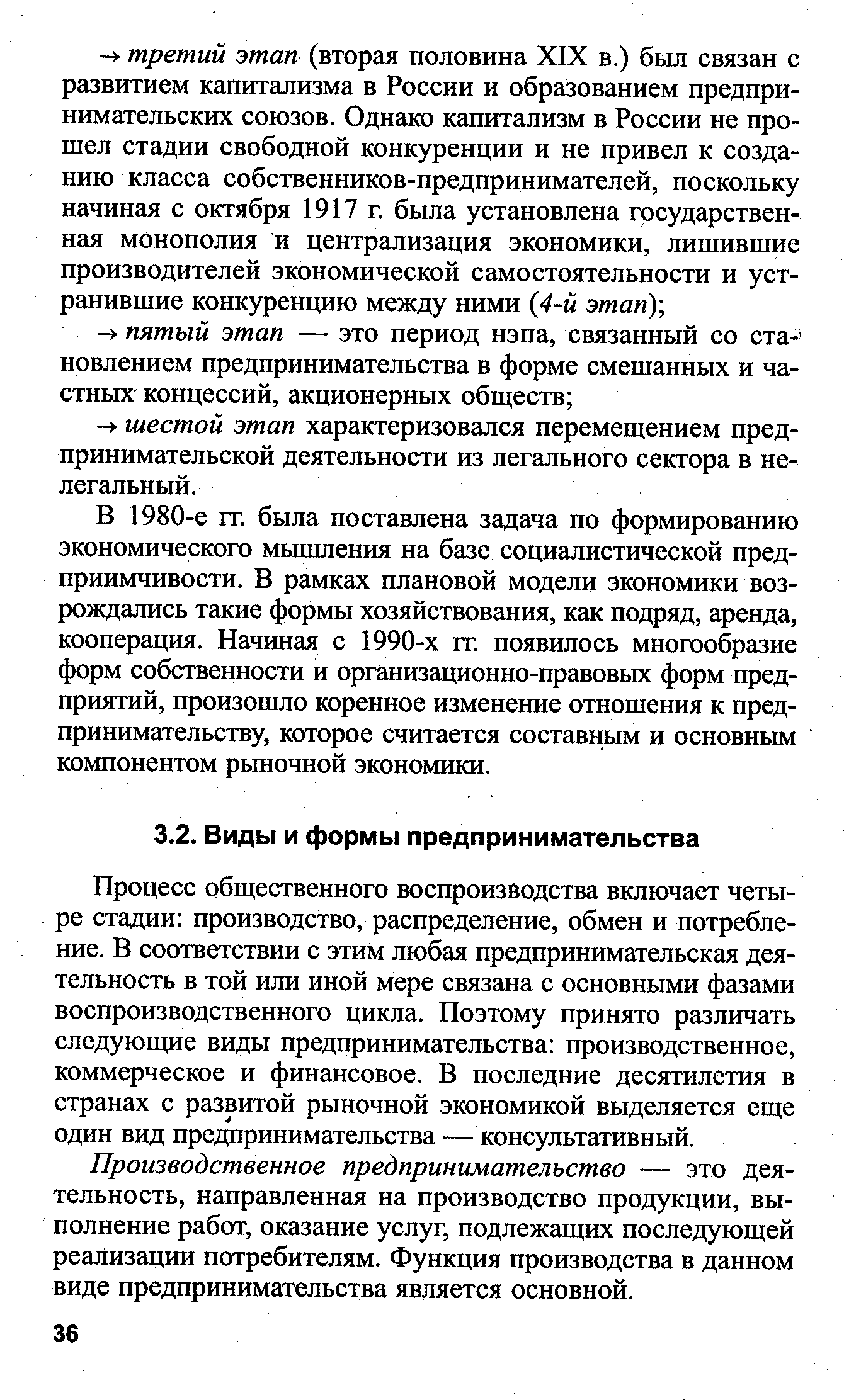 Процесс общественного воспроизводства включает четыре стадии производство, распределение, обмен и потребление. В соответствии с этим любая предпринимательская деятельность в той или иной мере связана с основными фазами воспроизводственного цикла. Поэтому принято различать следующие виды предпринимательства производственное, коммерческое и финансовое. В последние десятилетия в странах с развитой рыночной экономикой выделяется еще один вид предпринимательства — консультативный.
