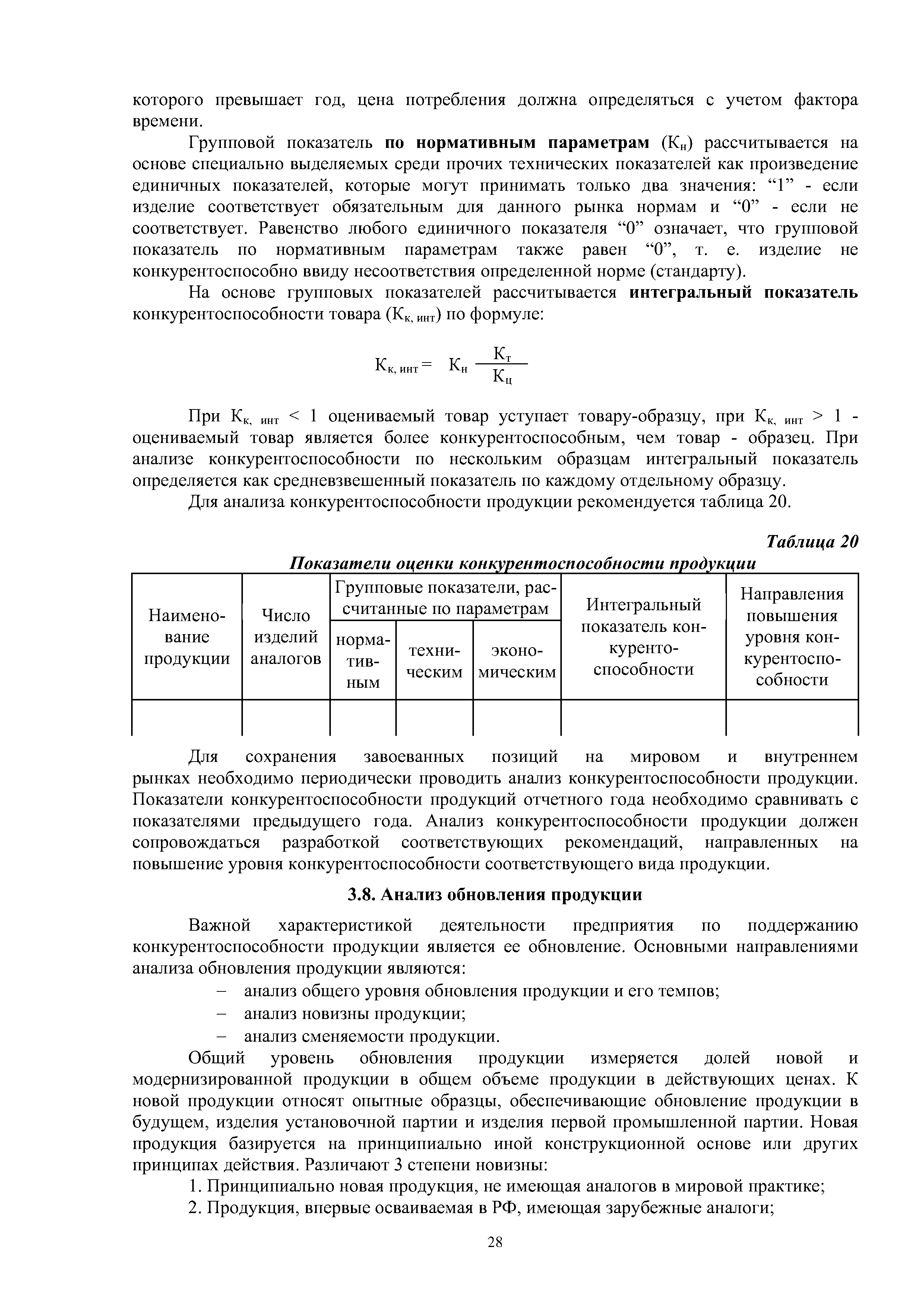 Для анализа конкурентоспособности продукции рекомендуется таблица 20.
