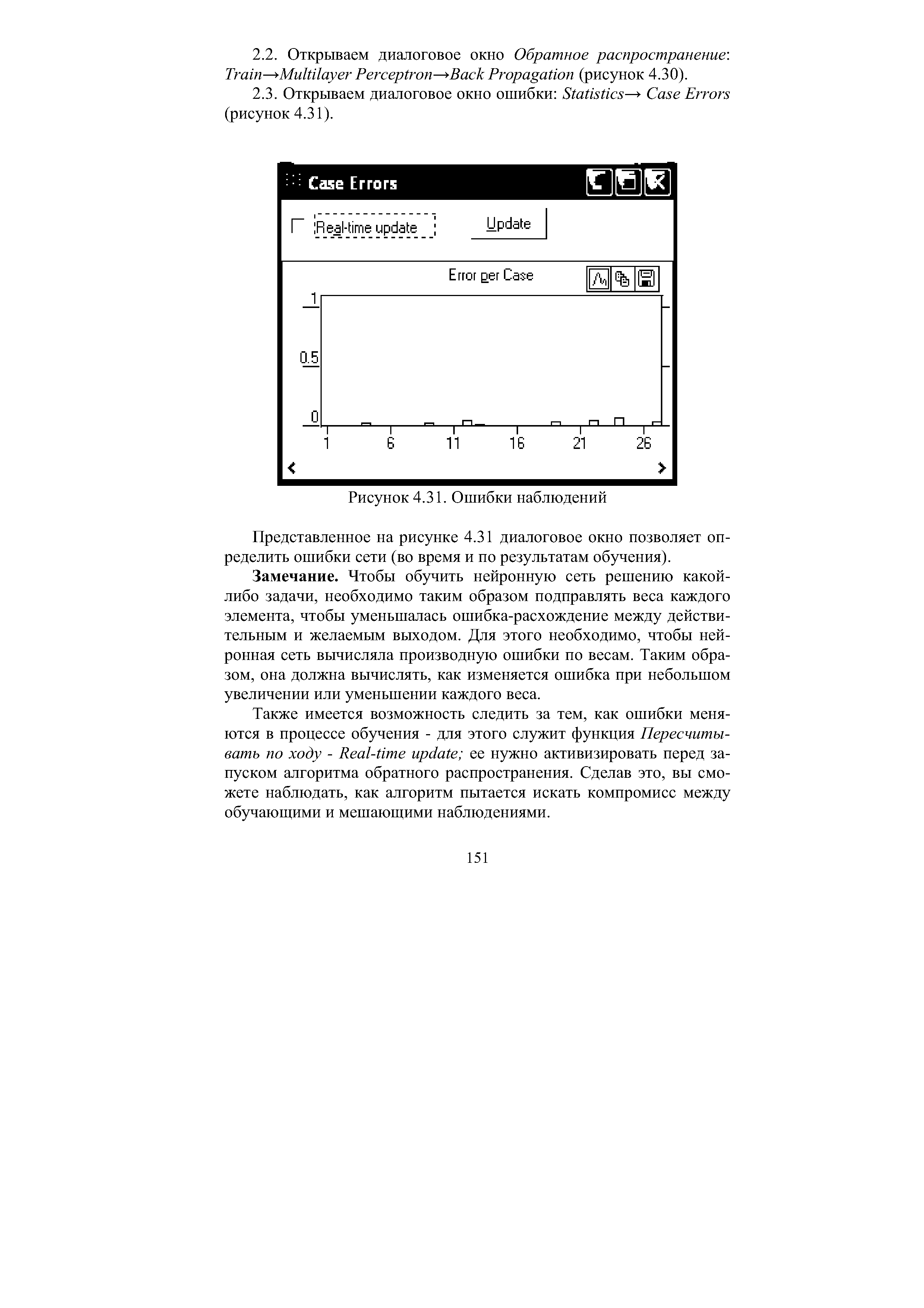 Представленное на рисунке 4.31 диалоговое окно позволяет определить ошибки сети (во время и по результатам обучения).
