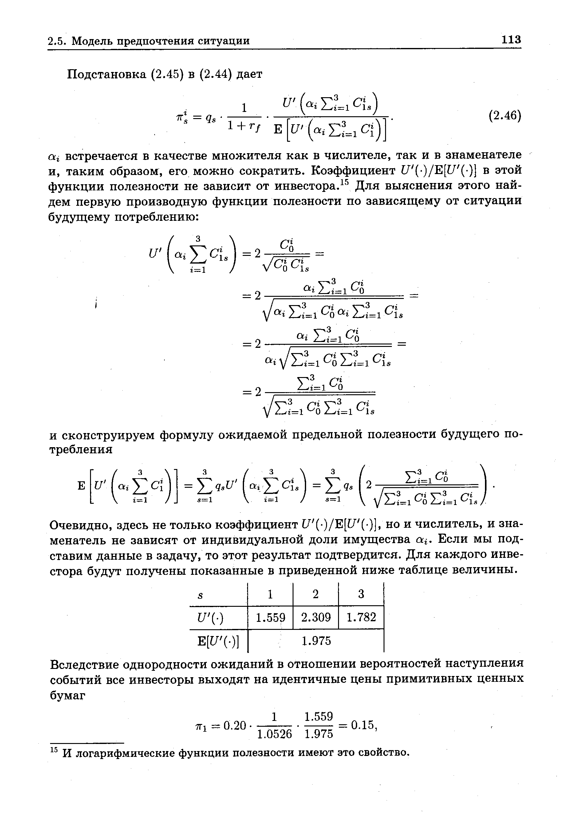 Очевидно, здесь не только коэффициент [/ (-)/Е[ / (-)] но и числитель, и знаменатель не зависят от индивидуальной доли имущества at. Если мы подставим данные в задачу, то этот результат подтвердится. Для каждого инвестора будут получены показанные в приведенной ниже таблице величины.
