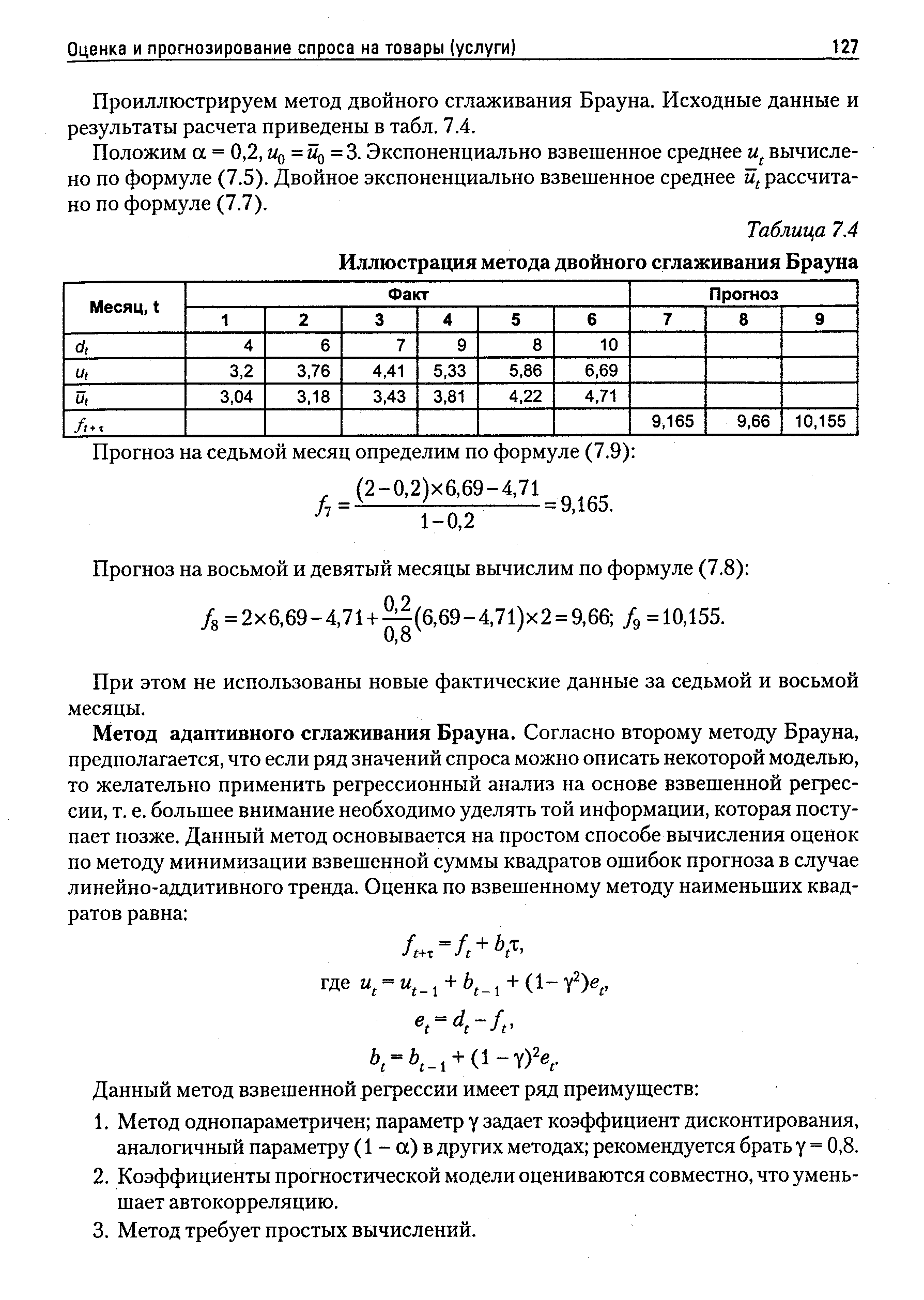 Таблица 7.4 Иллюстрация метода двойного сглаживания Брауна
