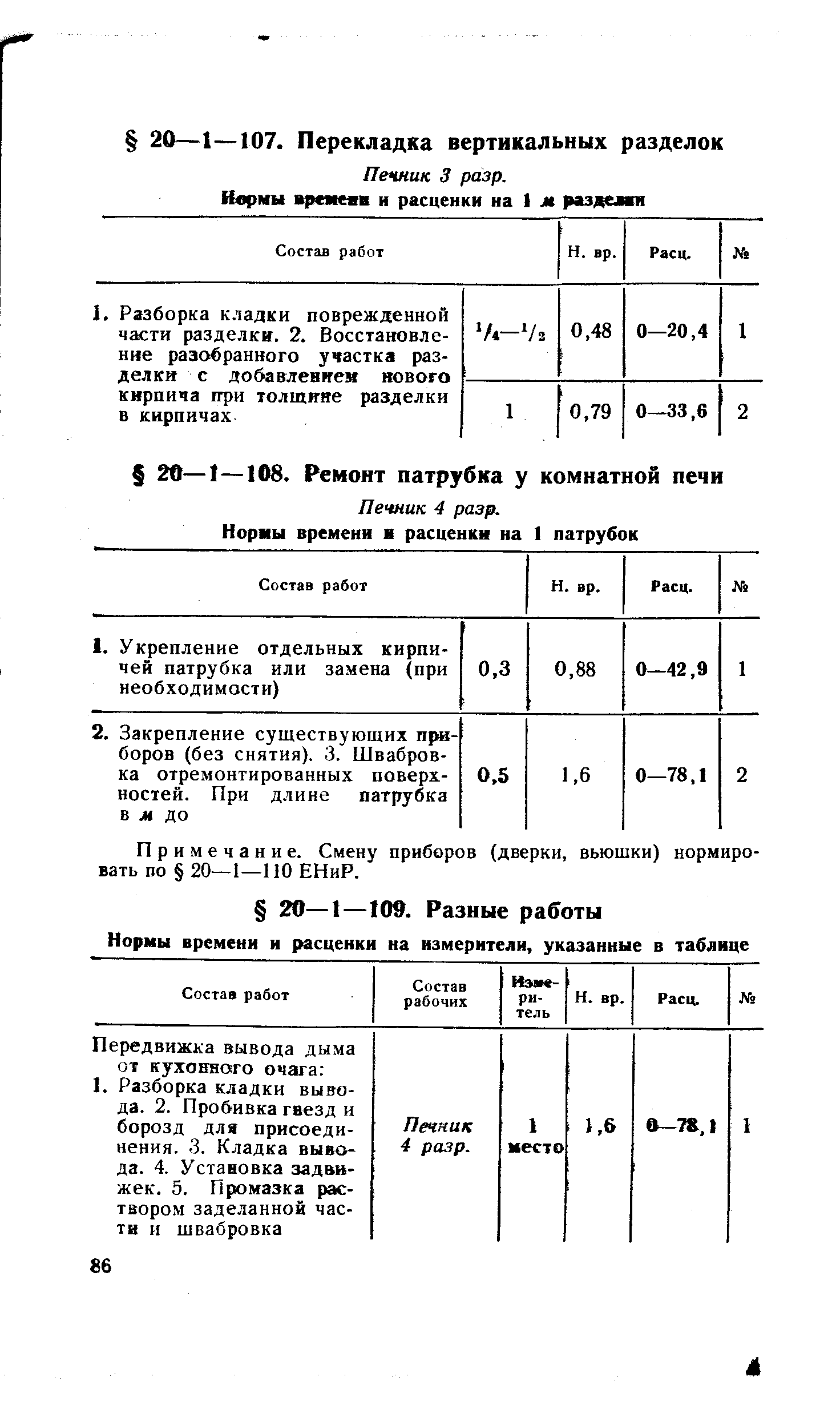 Примечание. Смену приборов (дверки, вьюшки) нормировать по 20—1—110 ЕНиР.
