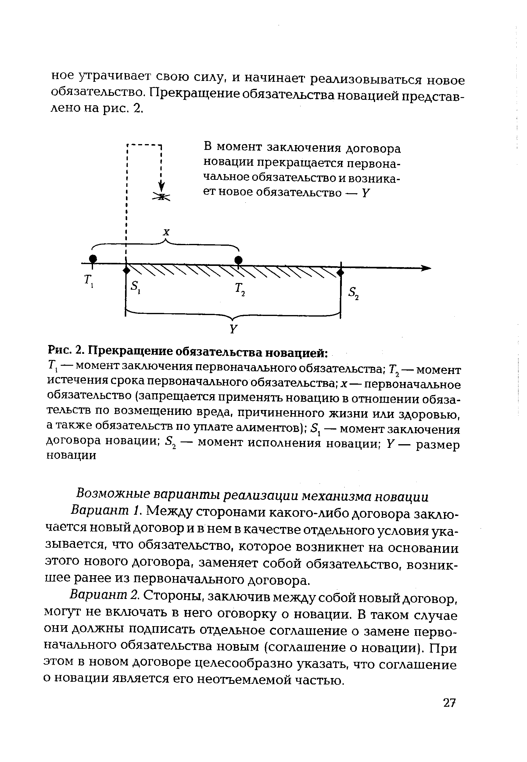 Возможные варианты реализации механизма новации Вариант 1. Между сторонами какого-либо договора заключается новый договор и в нем в качестве отдельного условия указывается, что обязательство, которое возникнет на основании этого нового договора, заменяет собой обязательство, возникшее ранее из первоначального договора.
